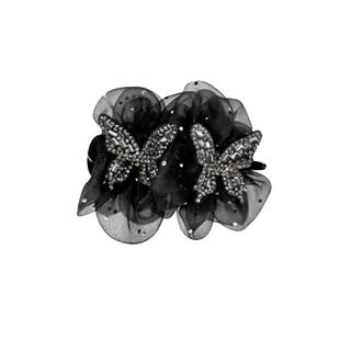 双蝴蝶黑纱丸子头抓夹女2025新款水钻高级感发夹后脑勺发卡子头饰