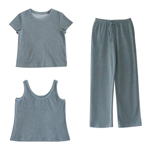 LONSLAN 2023夏季新款 百搭短袖上衣灰色休闲裤子时尚三件套女