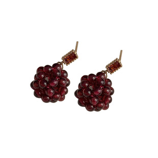 自制本命年新年 天然酒红石榴石花球镶石耳钉小众复古显白耳环