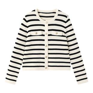 【总裁同款】全棉时代女士风柔棉棉线外套黑条开衫短外套拉链简约