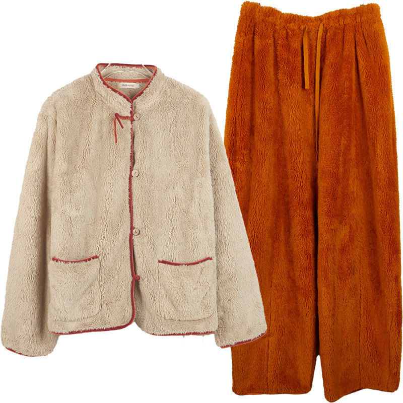 朵朵可可服睡衣女2025秋冬新款加厚立领新中式双面绒珊瑚绒家居套