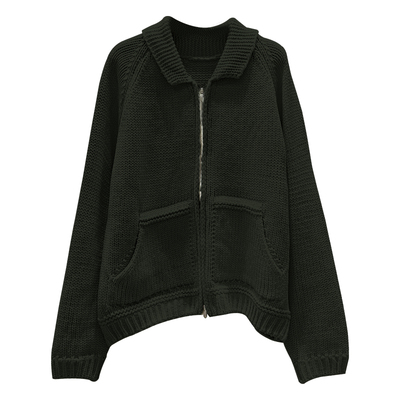复古感墨绿色翻领双拉链毛衣外套