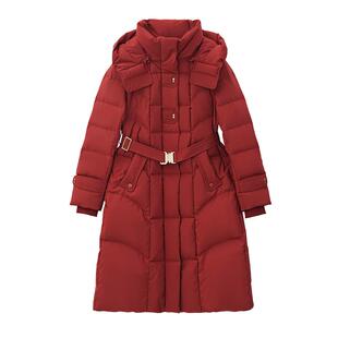 伊纱贝莲冬季新款95%鹅绒长款羽绒服女红色连帽修身收腰保暖外套