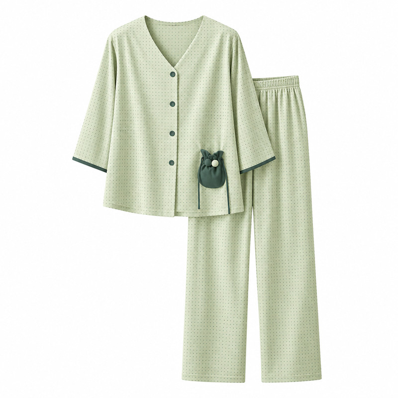 猫人带胸垫睡衣女夏季梭织纯棉纱布薄款宽松七分袖长裤家居服套装