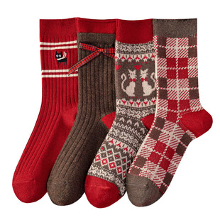 红袜子女款本命年属马中筒袜秋冬新款大红色圣诞新年礼盒无骨袜子