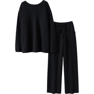 御用设计！羊绒衫100纯羊绒女小一字领毛衣九分阔腿裤子套装秋冬