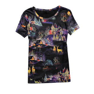 短袖t恤女圆领印花网纱漂亮洋气小衫修身时尚百搭体恤花色上衣