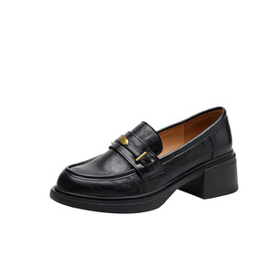 春季新款~厚底乐福鞋女通勤复古粗跟单鞋百搭一脚蹬英伦风小皮鞋