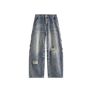 it :5cm/FIVECM时尚破洞阔腿牛仔裤男女2025春秋高腰宽松直筒长裤