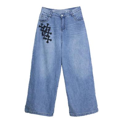 CBXLAB街舞潮牌蓝色哥特重工嘻哈牛仔长裤美式辣妹甜酷复古休闲裤