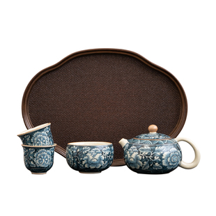 汝窑西施壶茶杯干泡盘托盘茶盘套装青花牡丹功夫茶具一壶二杯三杯