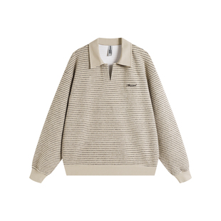 ATRY复古V领撞色条纹卫衣男春季新款美式翻领上衣重磅情侣外套女