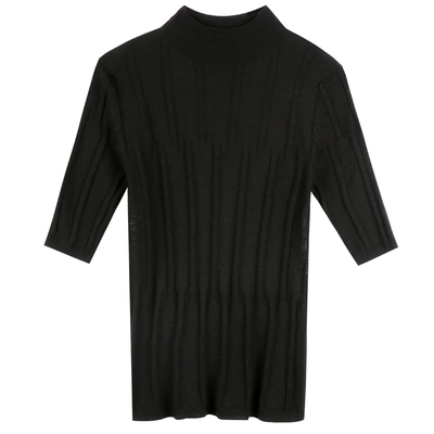 立领修身秋季黑色打底短袖针织衫