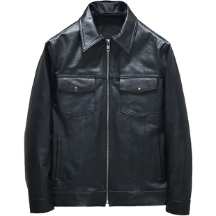 纳帕头层软牛皮真皮皮衣男修身短款翻领休闲牛仔夹克青年外套戈