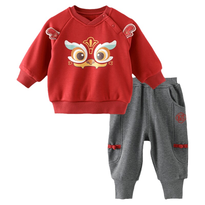 儿童新年服卫衣套装加绒红色喜庆女童周岁礼服男童宝宝冬季拜年服