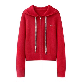 艾诺丝尚忆2025冬季新款时尚红色休闲连帽针织衫开衫女毛衣181159