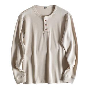 【欧美小众！全棉材质！华夫格】春季日系休闲男亨利领长袖T恤潮
