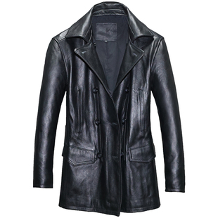 真皮皮衣男头层牛皮夹克中长款男士翻领双排扣风衣韩版修身外套Z7