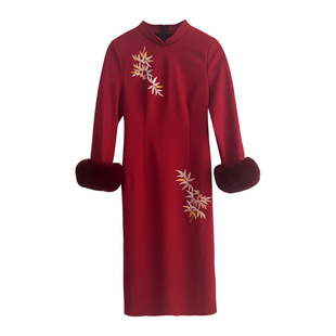 【自制款】加绒加厚大码胖mm新中式国风刺绣红色旗袍连衣裙女订婚