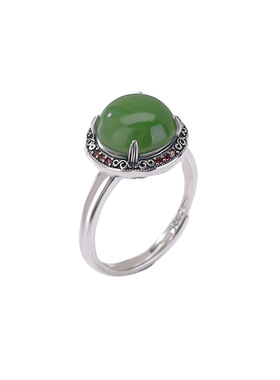 山予棠S925纯银天然和田玉碧玉戒指复古新中式几何圆形开口银指环