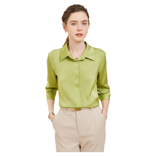 绿色缎面雪纺衬女款轻奢高级感春季气质职业法式春天上衣春装衬衣
