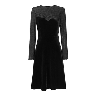 绝色时尚2025秋季新款黑色网纱拼接丝绒连衣裙女秋圆领修身大摆裙