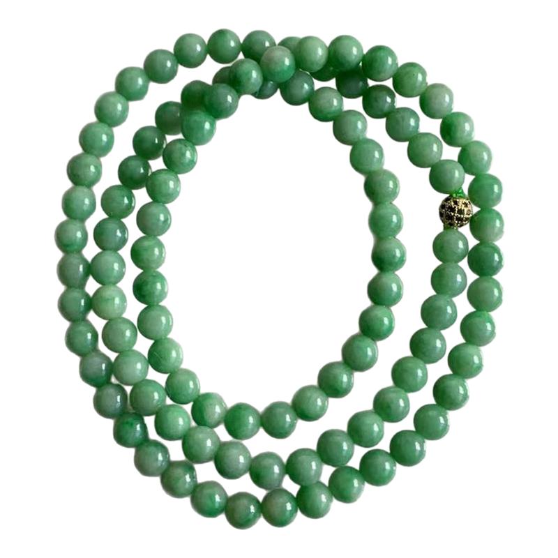 缅甸天然A货翡翠项链老坑料满绿色阳绿飘花圆珠项链6.7mm一物一证