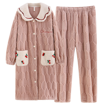 珊瑚绒睡衣少女可爱粉色睡袍套装