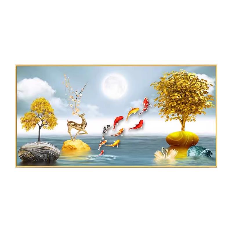 招财九鱼图餐厅装饰画吃饭厅新中式饭桌高档挂画餐桌背景墙面壁画