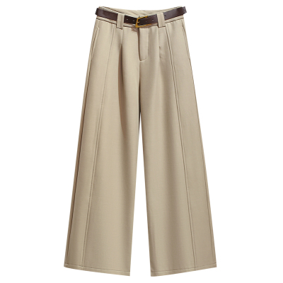 卡其色加绒加厚高腰阔腿西装裤女