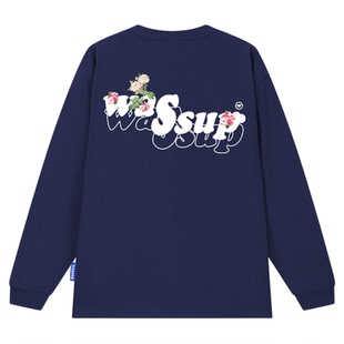 WASSUP花朵绽放重磅纯棉长袖T恤男秋季宽松休闲百搭圆领体恤上衣