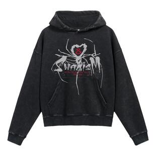 STA国潮牌情侣美式蜘蛛SLOGO水洗做旧短款卫衣宽松连帽衫男女款