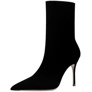 HLTINO靴子2025秋冬新款中筒百搭弹力靴尖头细跟性感黑色8cm高跟