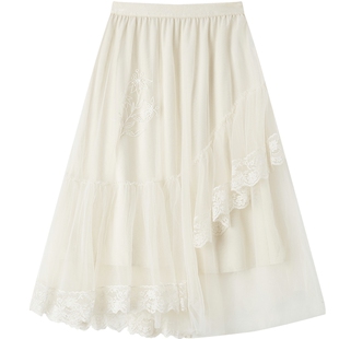 爱居兔夏季新品女装网纱蕾丝拼接不对称下摆小众设计纱裙半身裙