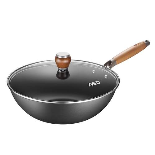 爱仕达不粘铁锅炒锅炒菜锅家用无氟涂层熟铁老式平底电磁炉燃气灶