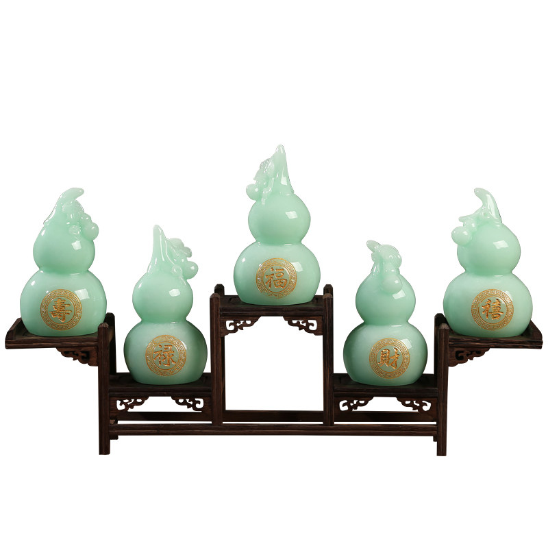 五福临门招财玉石葫芦客厅摆件
