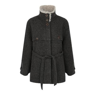 solighter 圈圈羊毛短款收腰毛呢外套女秋冬新款宽松毛领加厚外套