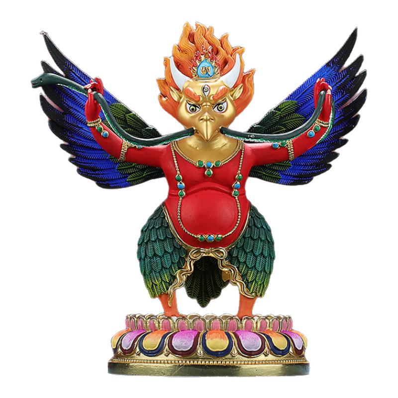 密宗彩绘金翅大鹏鸟佛像摆件3寸7寸 护法佛像莲花座纯铜饰品