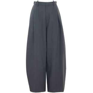 夏莫卡垂感天丝亚麻裤灰色九分弯月裤女轻薄松紧腰弧形弯刀裤6824