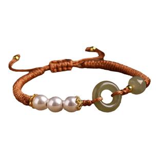 和田玉平安扣手链女纯银本命年编织红绳朱砂手绳男珍珠转运珠情侣