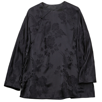 菲伊唐盘扣短款衬衫真丝交织提花