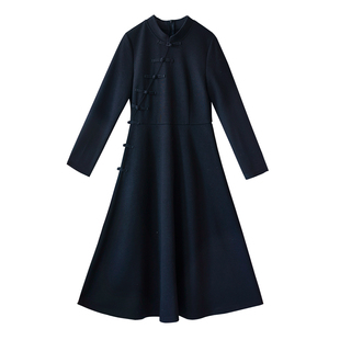 【6折】复古国风黑色针织连衣裙女2025秋冬季新款偏襟盘扣中长裙