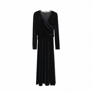 ENJOYME商场同款 黑色丝绒V领连衣裙女深秋法式蕾丝边气质a字长裙