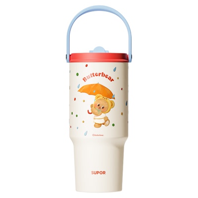 苏泊尔黄油小熊联名保温杯大容量拎拎杯子陶瓷覆层内胆车载吸管杯