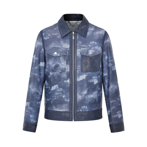 RARE威雅男装秋冬新款修身深蓝色印花翻领夹克外套男士皮衣