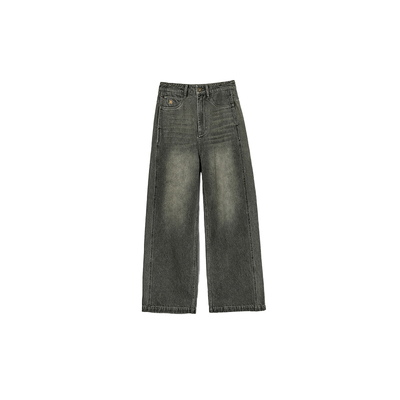 烟绿色虚拟弯插袋做旧洗水牛仔裤