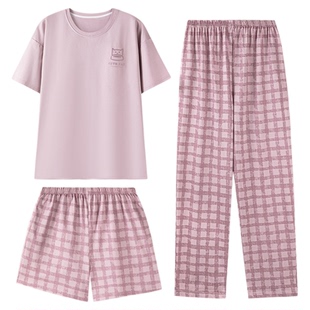 睡衣女款2025新款夏季纯棉带胸垫短袖长裤三件套装格子家居服夏天