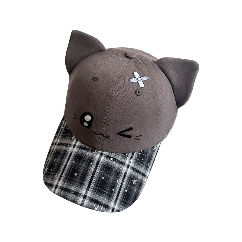 日系软萌可爱立耳猫咪格纹棒球帽