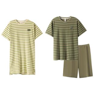 可人儿夏季凉感纯棉情侣睡衣女夏天薄款条纹短袖短裤家居服套装男