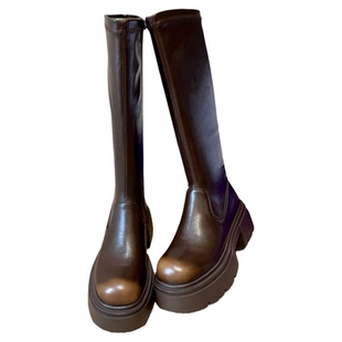 拖沓刘天王/小粗腿巨显瘦复古擦色真皮加宽筒厚底瘦瘦靴/跟高6cm